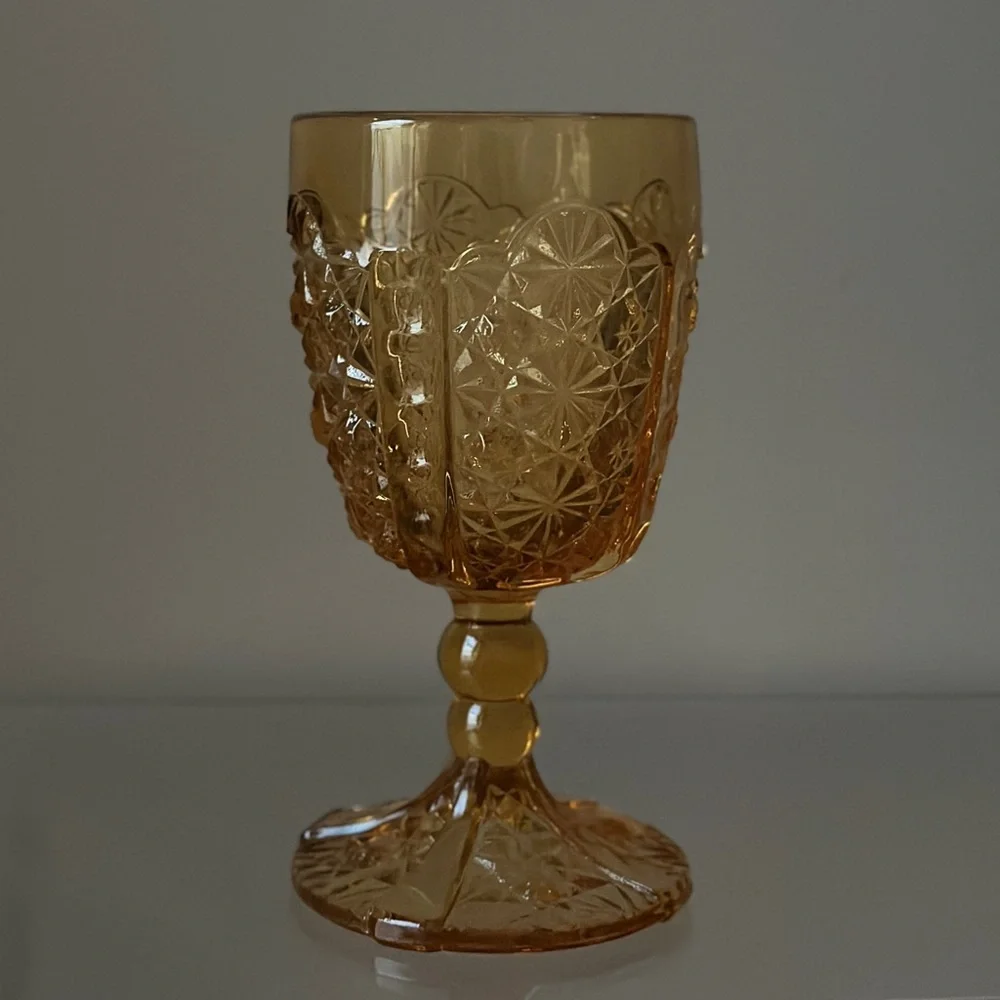 Amber Goblet with Intricate Design Textured Glass Wine Glass Vintage